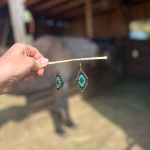 Handcrafted Beaded Earrings in Gold and Blue The SaddleBlanket